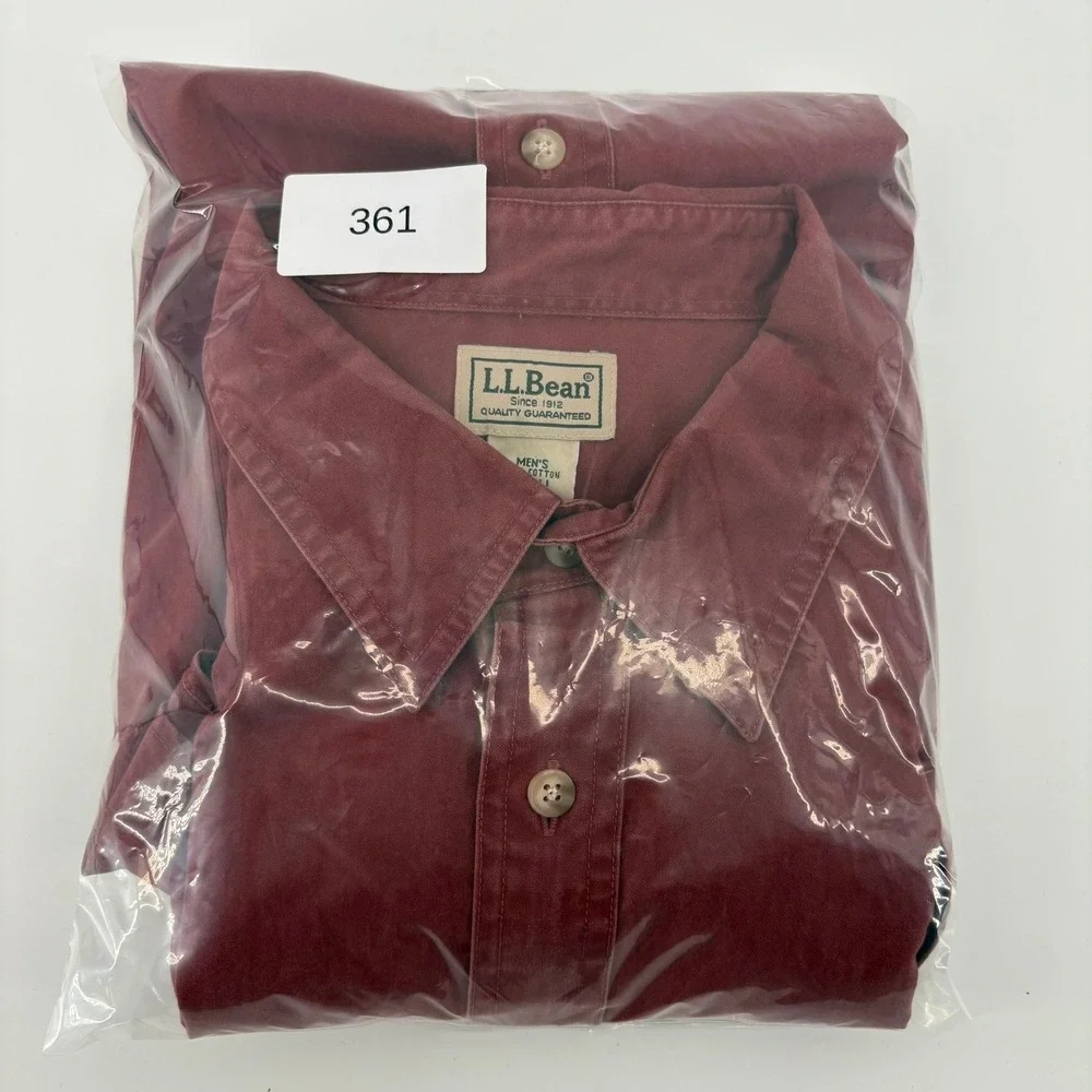 LL Bean Mens Large Tall Short Sleeve Button Down Shirt Burgundy Red Cotton 0FCX1